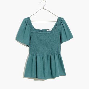Madewell EUC Linen-blend Kate Smocked Top in Faded Shale Size Small